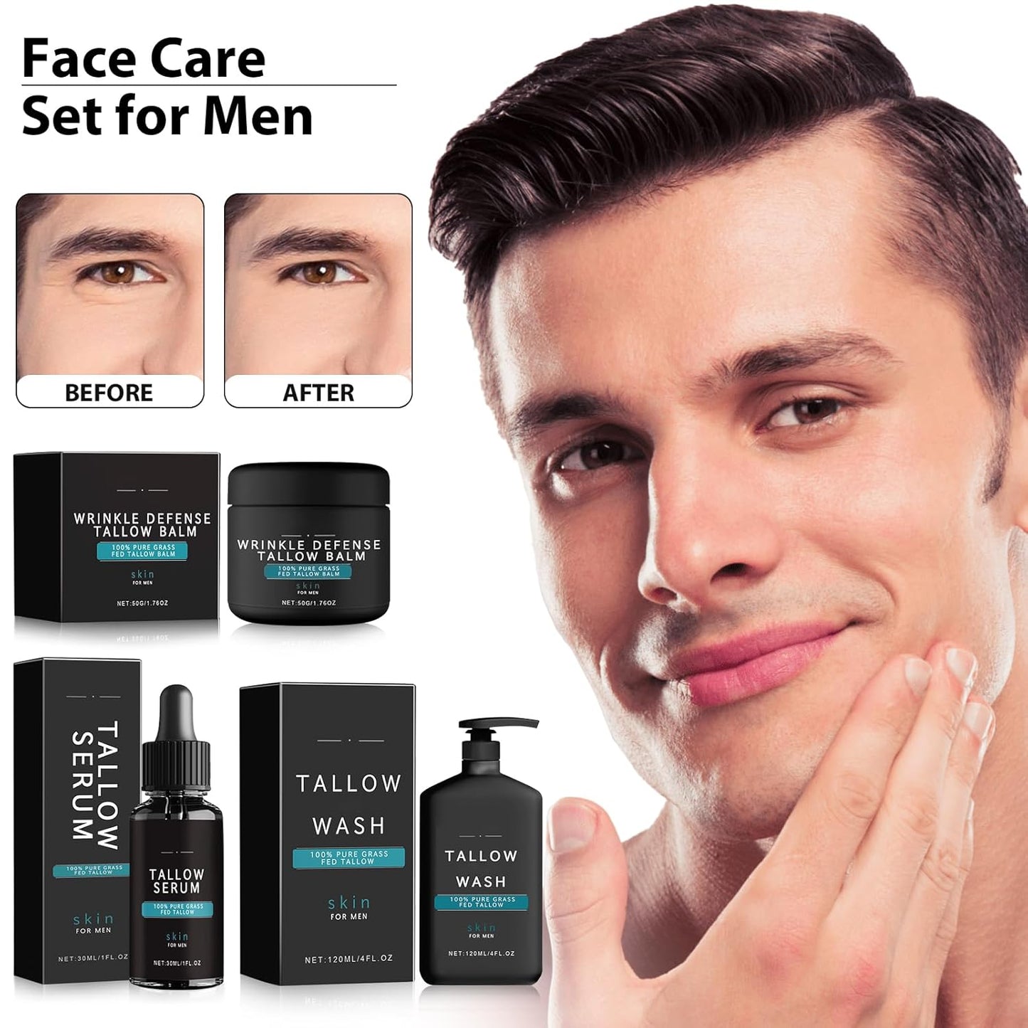 Wrinkle Defense Tallow Balm, 3 in 1 Mans Skincare Kit, Tallow Serum & Face Wash, Facial Skin Care Kit for Men, Tallow Moisturizer for Face, 100% Natural Beef Tallow Balm, Reduce Fine Lines